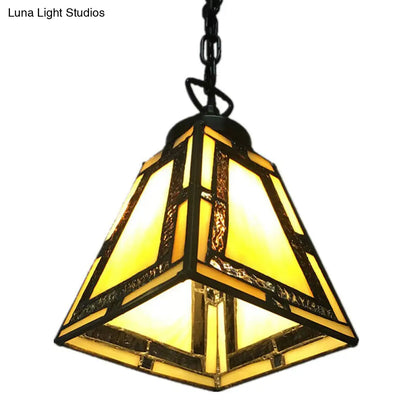 Geometric Pendant Light: Mission Style, Stained Glass, 1-Light, Yellow, for Bedroom Hanging