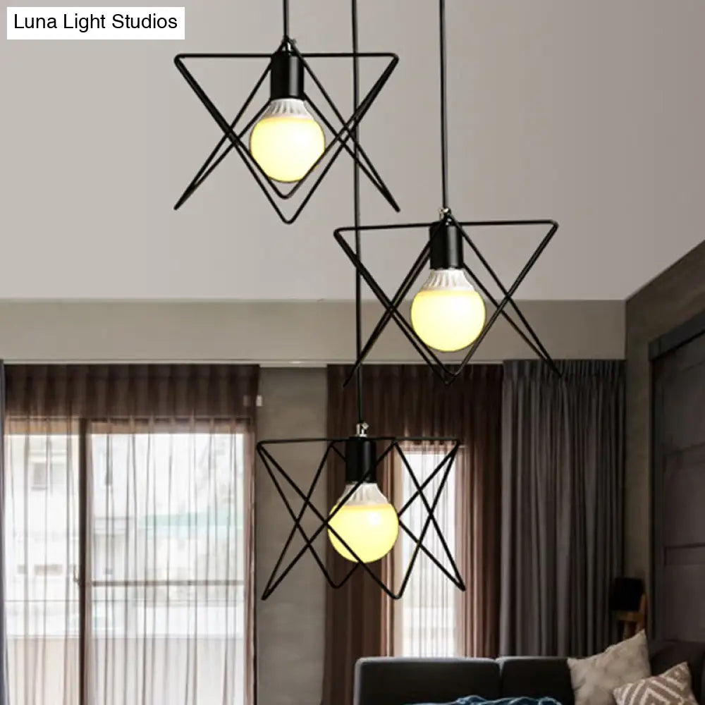 Geometric Pendant Light - Modern Industrial Style Iron Fixture with 3 Heads, Black Wire Frame, Suspended Design - Round/Linear Canopy