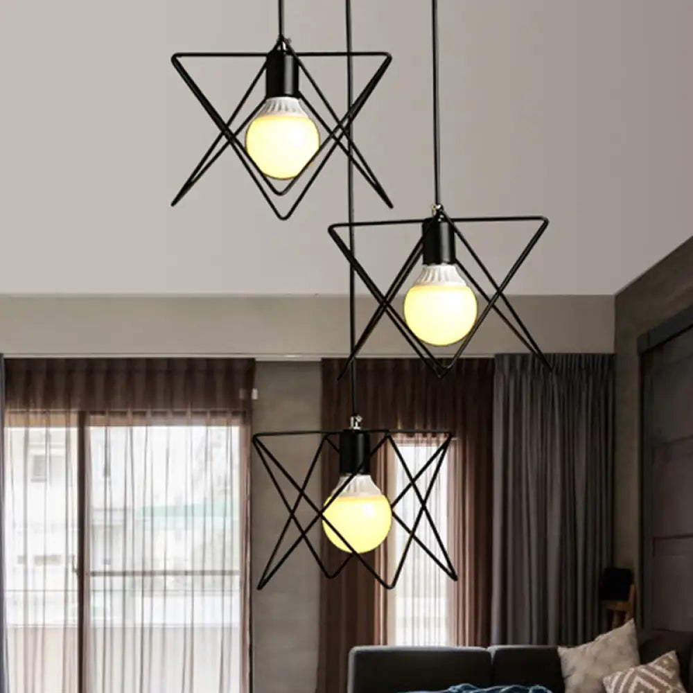 Geometric Pendant Light - Modern Industrial Style Iron Fixture with 3 Heads, Black Wire Frame, Suspended Design - Round/Linear Canopy