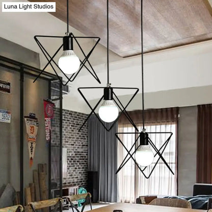 Geometric Pendant Light - Modern Industrial Style Iron Fixture with 3 Heads, Black Wire Frame, Suspended Design - Round/Linear Canopy