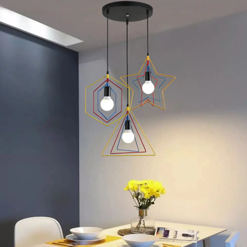 Geometric Pendant Light: Multi-Colored Metal, 3 Lights - Ideal for Industrial-Style Dining Rooms