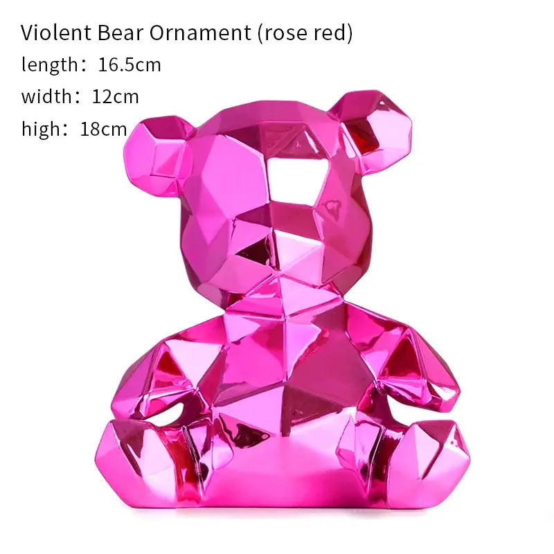 A vibrant rose red faceted electroplated teddy bear sculpture with geometric crystalline design for living room
