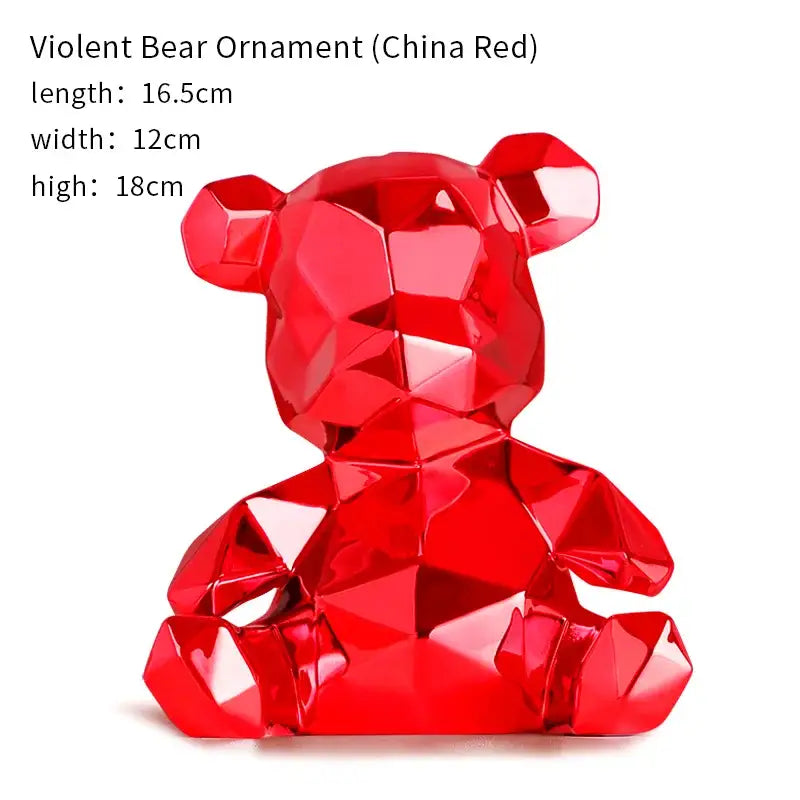 Vibrant red faceted crystal electroplated teddy bear sculpture with geometric design for living room decor