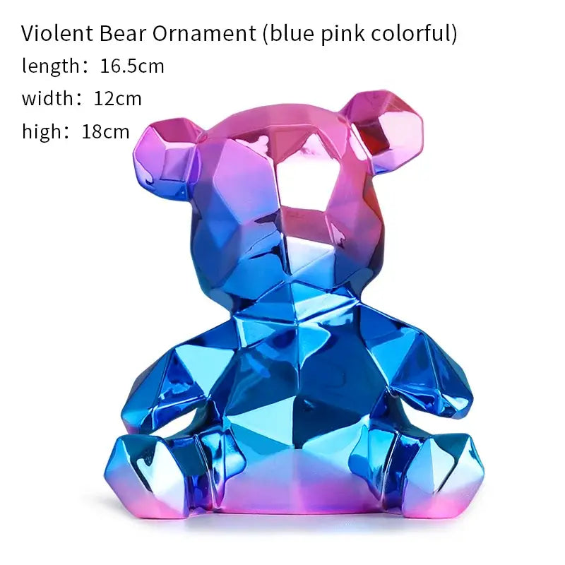 A vibrant electroplated teddy bear sculpture with blue and pink geometric facets for living room decor