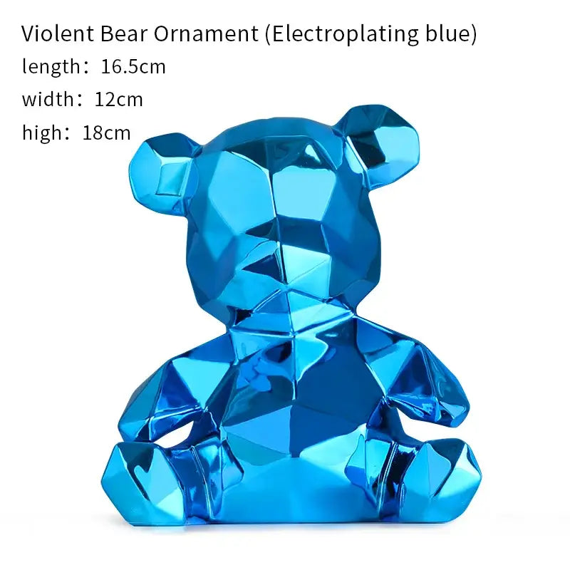 A striking blue electroplated teddy bear sculpture with geometric facets for modern living room decor