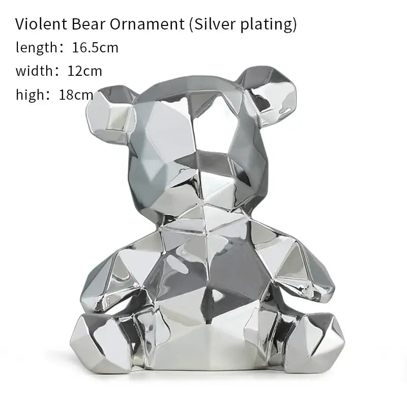 Silver-plated geometric electroplated teddy bear sculpture with faceted crystalline design for living room decor