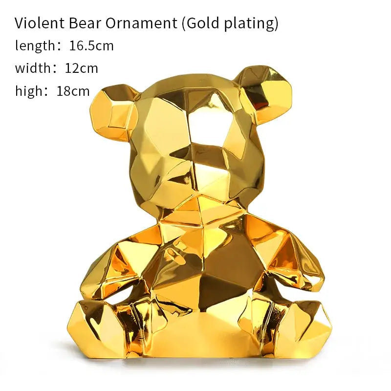Gold-plated geometric electroplated teddy bear sculpture with faceted polygonal design for living room decor