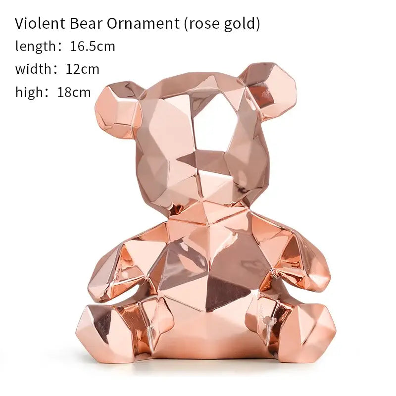 Rose gold geometric electroplated teddy bear sculpture with faceted reflective surfaces for living room decor