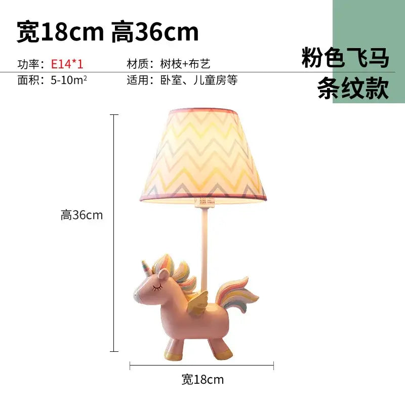 Pink unicorn table lamp with chevron-patterned shade for children’s bedroom featuring geometric pink and blue design