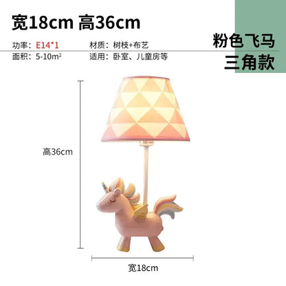 Geometric pink and blue unicorn table lamp with patterned shade designed for children’s bedroom lighting