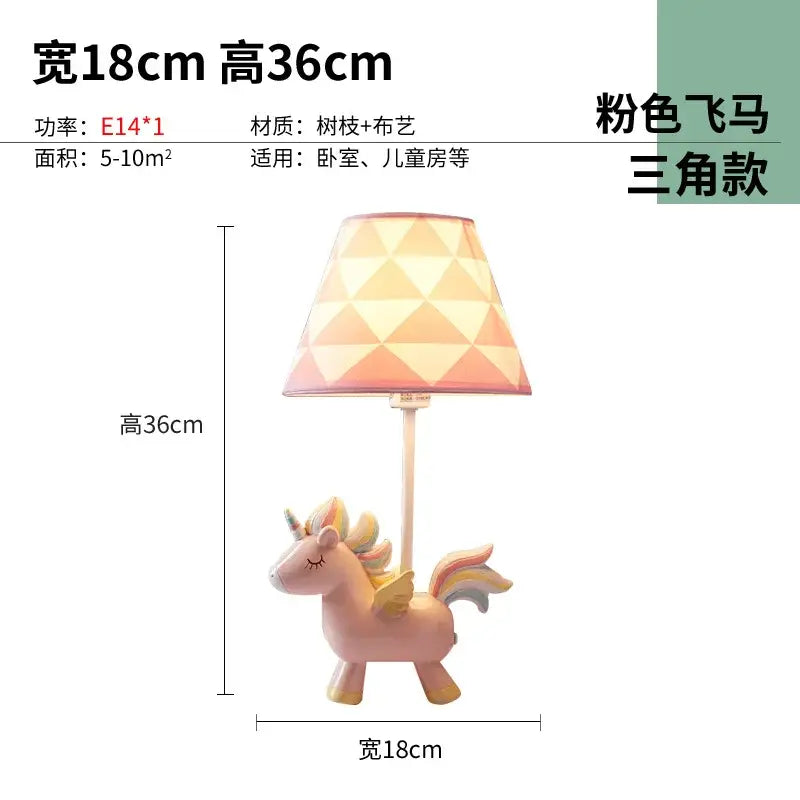 Geometric pink and blue unicorn table lamp with patterned shade designed for children’s bedroom lighting