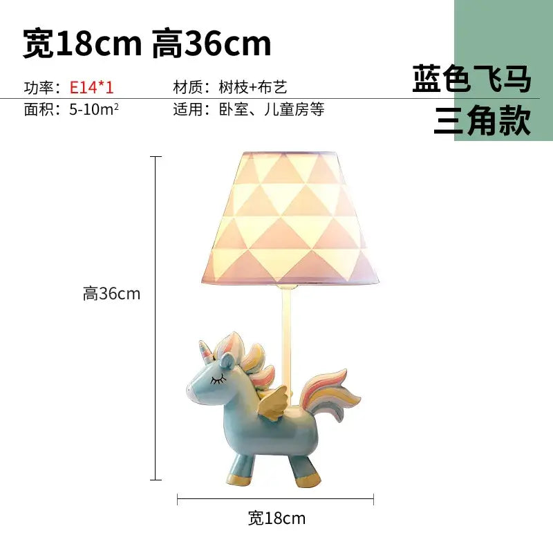 A charming blue unicorn table lamp with a geometric fabric shade made of wood for children’s bedroom use