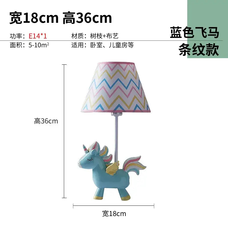A charming light blue unicorn table lamp with colorful zigzag shade for children’s bedroom lighting decor