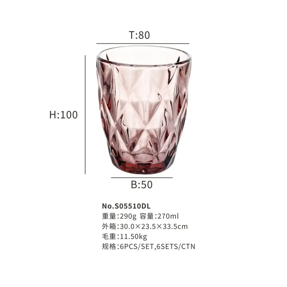 A translucent rose-colored 240ml water glass drinkware with a geometric faceted diamond-cut pattern