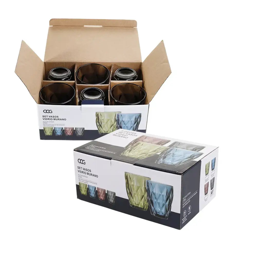 Set of six colorful Murano-style 240ml water glass drinkware with geometric faceted designs in green blue pink and amber