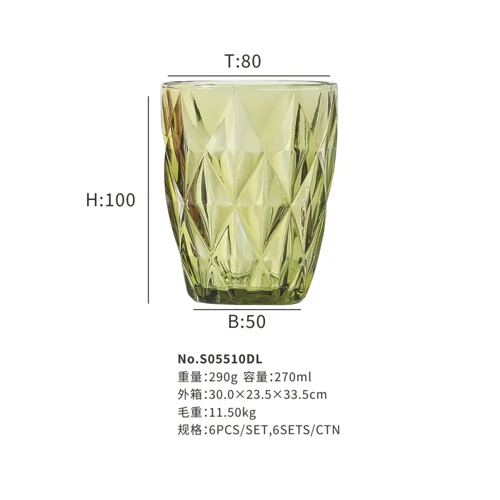 A faceted translucent olive green glass tumbler with a geometric diamond pattern 240ml water glass drinkware