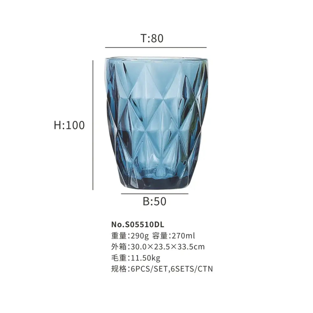 Translucent blue glass 240ml water glass drinkware with faceted geometric pattern for dining room use