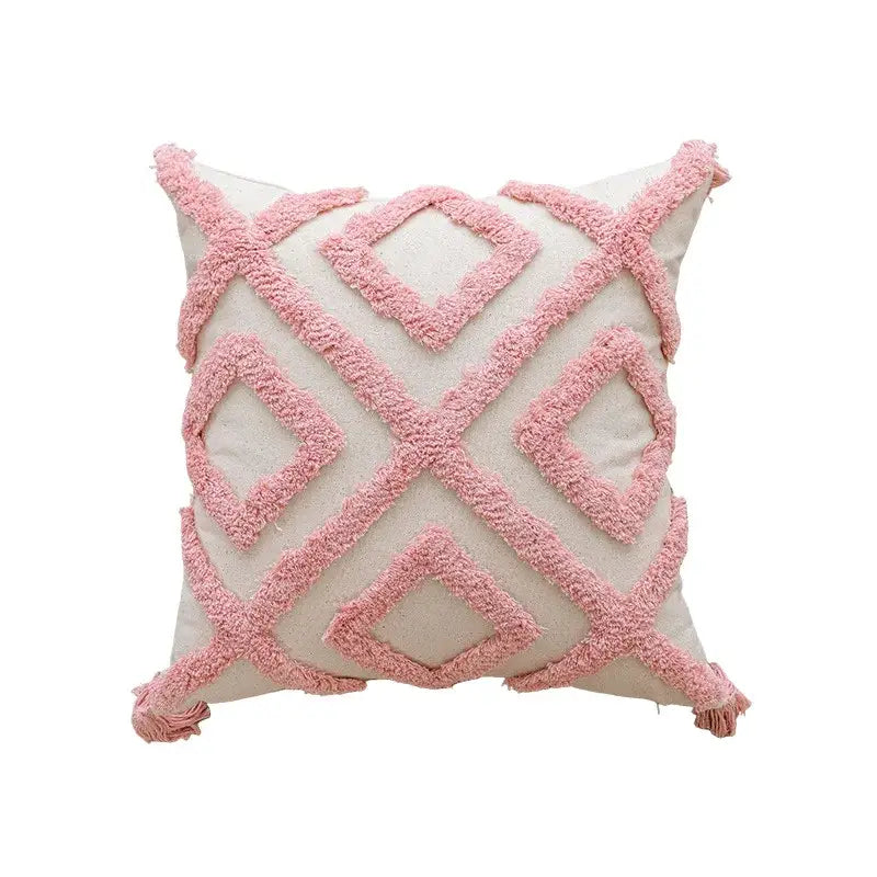 Soft pink and cream geometric embroidered pillow covers with raised fuzzy yarn for living room decor by decorbites