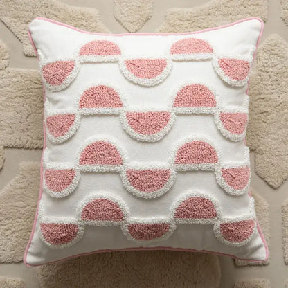 White throw pillow with textured pink half-moon pattern and piping for decorbites geometric embroidered cushion covers