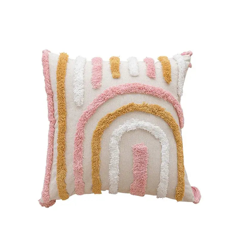 Cream-colored cushion cover with geometric pink and mustard embroidered rainbow design for living room decorbites pillow covers