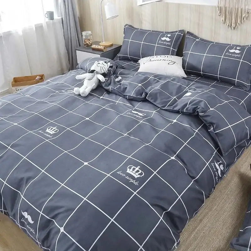 Gray grid-patterned quilt cover set with white crown and mustache motifs for bedroom decor