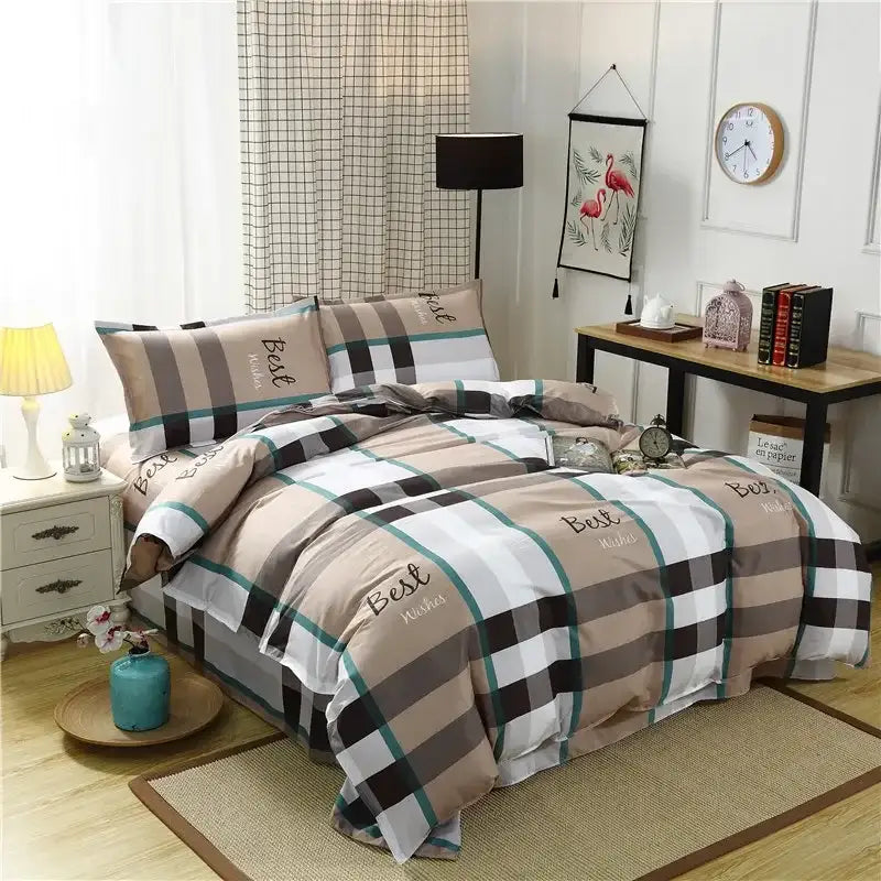 Beige black and teal plaid quilt cover set with best wishes print complementing geometric pink and white gingham ruffled quilt cover set