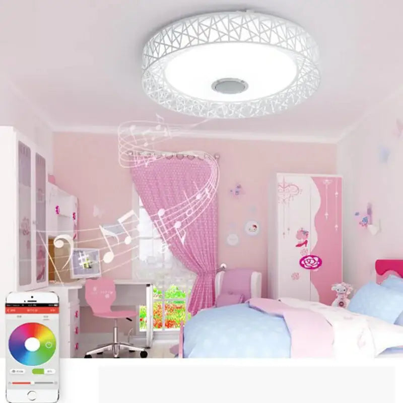 White geometric-patterned ceiling light with integrated decorbites bluetooth speaker circular design for bedroom lamp
