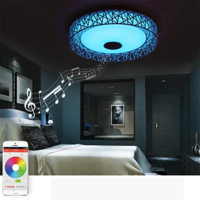 Blue led ceiling light with geometric lattice design and central speaker decorbites bluetooth speaker ceiling for bedroom lamp