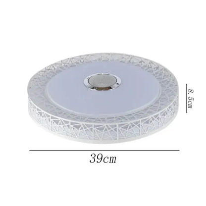 White circular ceiling light with geometric lattice design and central silver mesh decorbites bluetooth speaker ceiling lamp