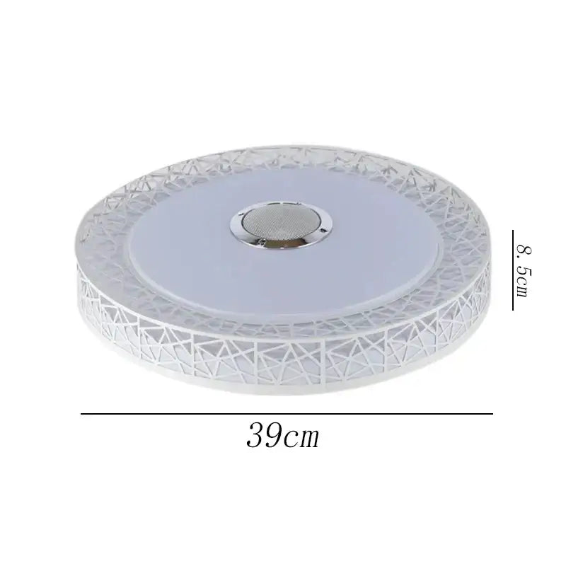 White circular ceiling light with geometric lattice design and central silver mesh decorbites bluetooth speaker ceiling lamp