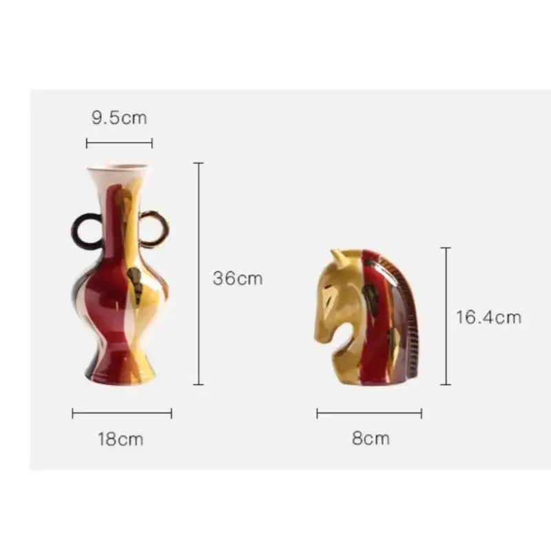 Glossy red and gold ceramic geometric horse head vase with black ring handles for living room decor
