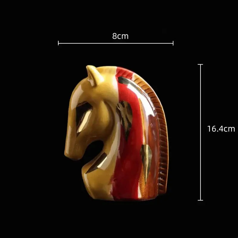 Glossy geometric horse head ceramic vase in red and yellow with detailed mane ridges for living room decor