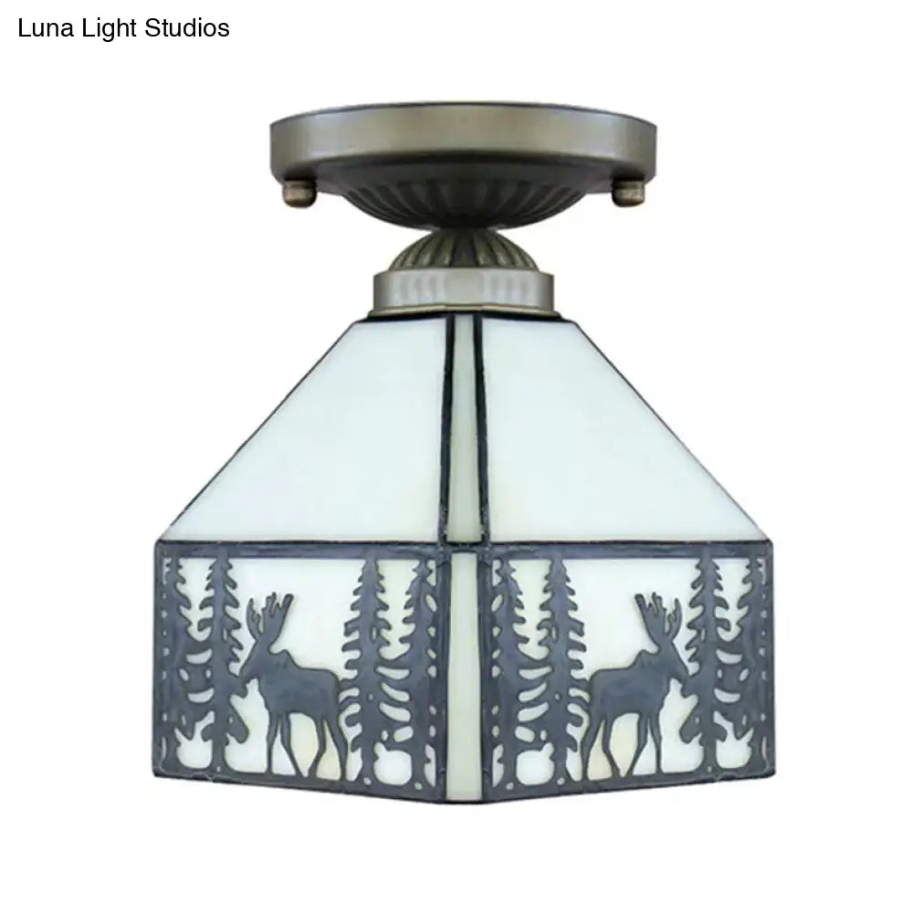 DecorBites™ DecorBites™ Geometric Semi Flush Ceiling Light with Art Glass Shade and Deer Pattern in Beige - Ideal for Bedroom Décor