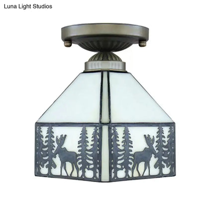 DecorBites™ DecorBites™ Geometric Semi Flush Ceiling Light with Art Glass Shade and Deer Pattern in Beige - Ideal for Bedroom Décor