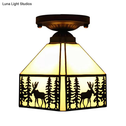 DecorBites™ DecorBites™ Geometric Semi Flush Ceiling Light with Art Glass Shade and Deer Pattern in Beige - Ideal for Bedroom Décor