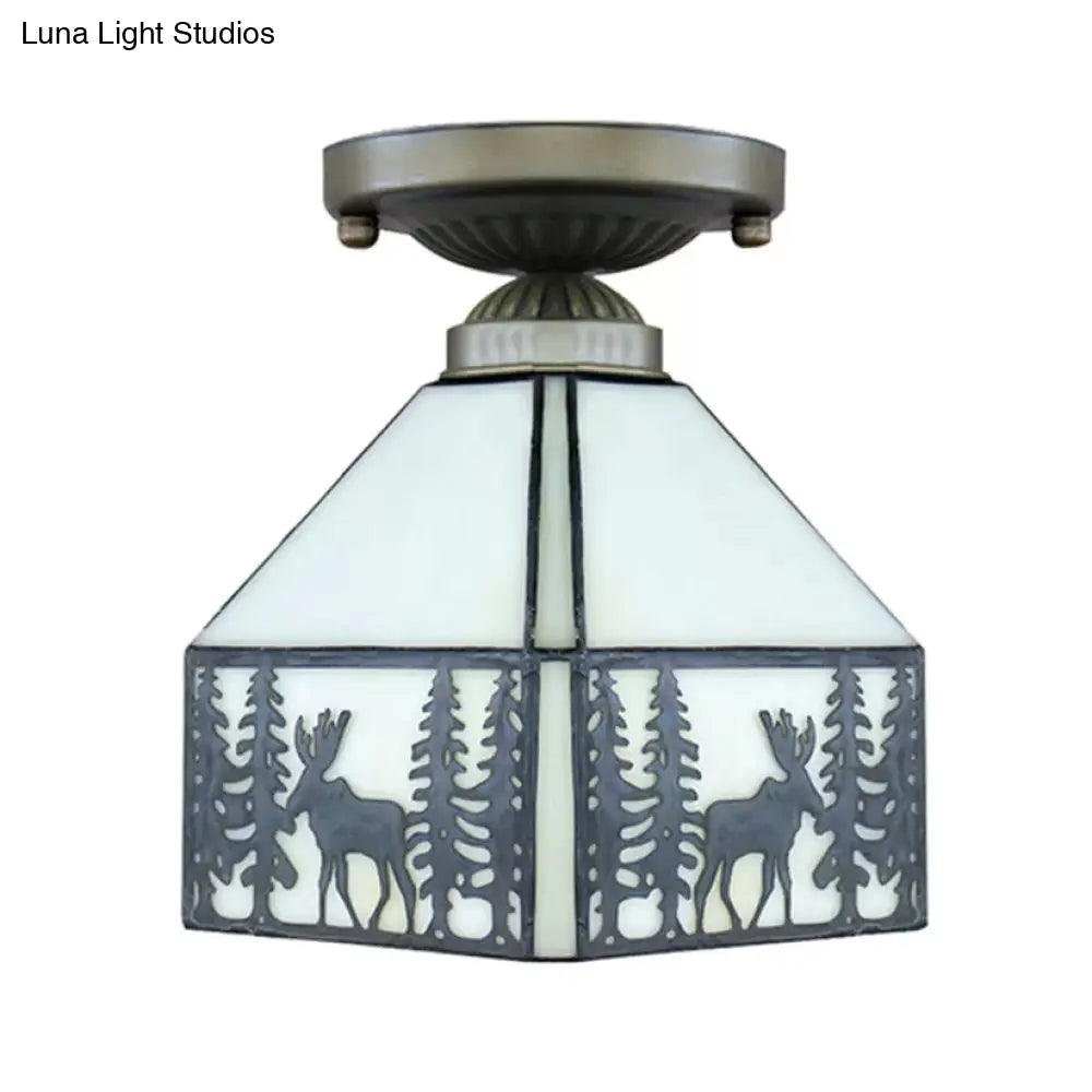 DecorBites™ DecorBites™ Geometric Semi Flush Ceiling Light with Art Glass Shade and Deer Pattern in Beige - Ideal for Bedroom Décor