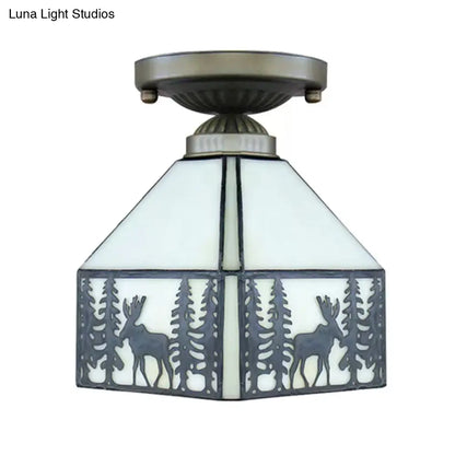 DecorBites™ DecorBites™ Geometric Semi Flush Ceiling Light with Art Glass Shade and Deer Pattern in Beige - Ideal for Bedroom Décor