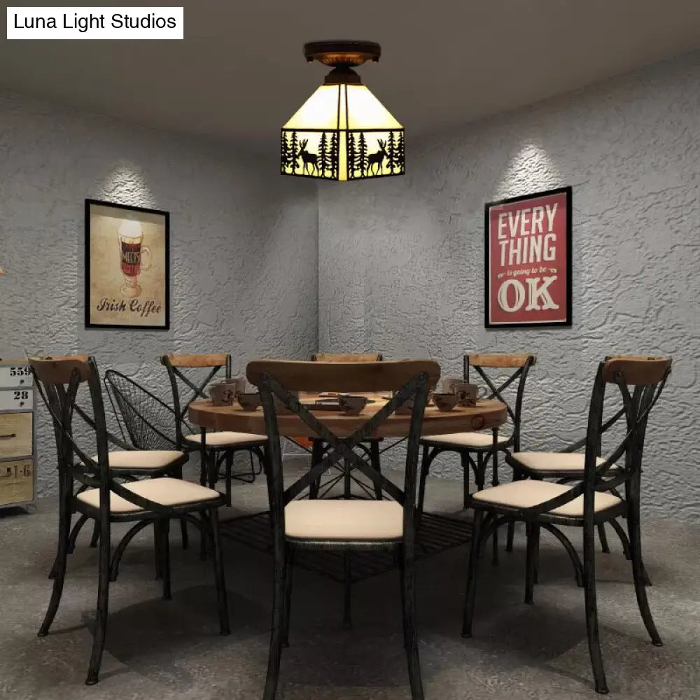 DecorBites™ DecorBites™ Geometric Semi Flush Ceiling Light with Art Glass Shade and Deer Pattern in Beige - Ideal for Bedroom Décor