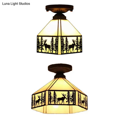 DecorBites™ DecorBites™ Geometric Semi Flush Ceiling Light with Art Glass Shade and Deer Pattern in Beige - Ideal for Bedroom Décor