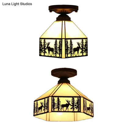 DecorBites™ DecorBites™ Geometric Semi Flush Ceiling Light with Art Glass Shade and Deer Pattern in Beige - Ideal for Bedroom Décor