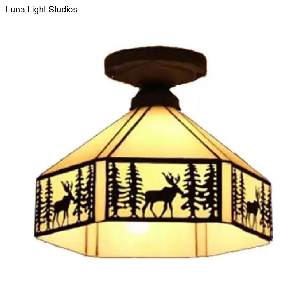 DecorBites™ DecorBites™ Geometric Semi Flush Ceiling Light with Art Glass Shade and Deer Pattern in Beige - Ideal for Bedroom Décor