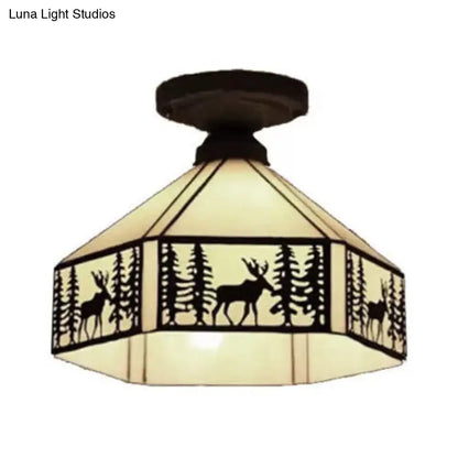 DecorBites™ DecorBites™ Geometric Semi Flush Ceiling Light with Art Glass Shade and Deer Pattern in Beige - Ideal for Bedroom Décor