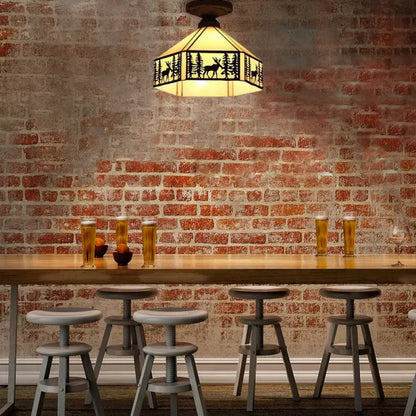 DecorBites™ DecorBites™ Geometric Semi Flush Ceiling Light with Art Glass Shade and Deer Pattern in Beige - Ideal for Bedroom Décor