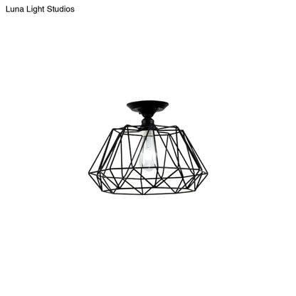 ديكوربايتس™ وحدة إضاءة معدنية صناعية هندسية شبه مستوية باللون الأسود مع قفص