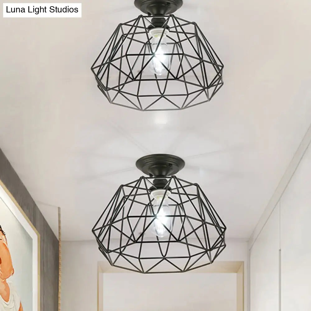 ديكوربايتس™ وحدة إضاءة معدنية صناعية هندسية شبه مستوية باللون الأسود مع قفص