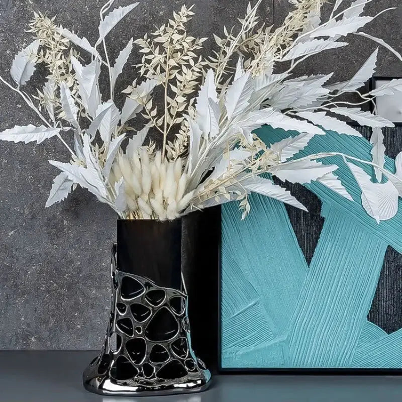 Black ceramic glass vase with glossy geometric acrylic patterned lower half for living room decorbites terrarium use