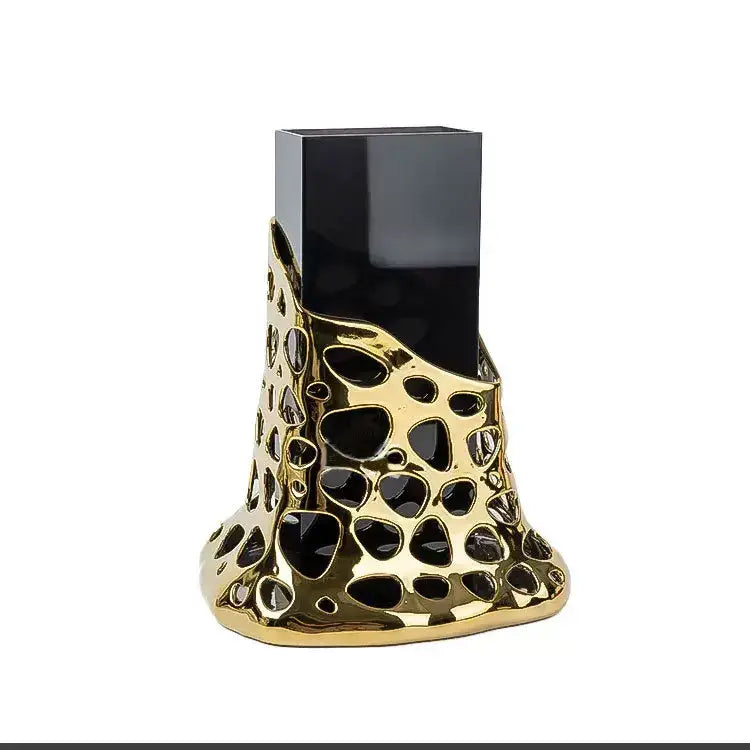 Gold-toned perforated ceramic glass vase with black insert for living room decorbites geometric acrylic glass display