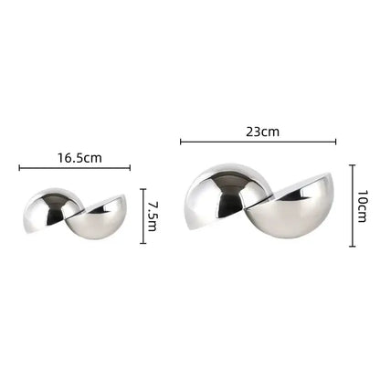 Two sleek interlocking silver metallic spheres home decor figurine in polished finish for living room decor