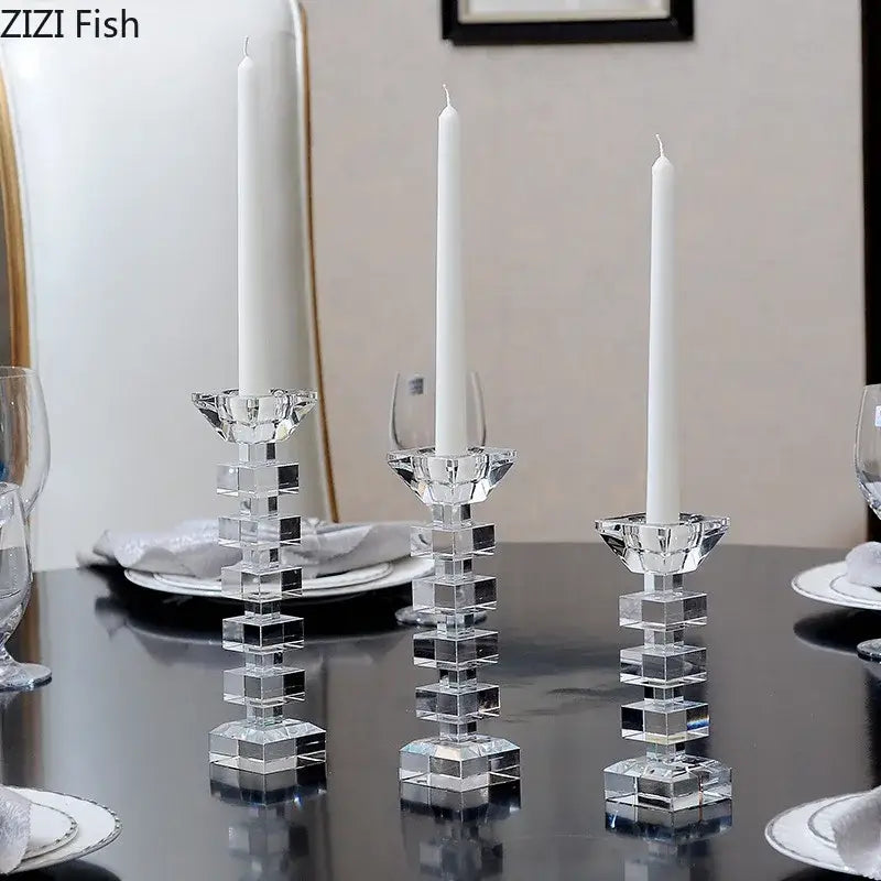 Clear crystal candle holder with stacked square facets and white taper candles perfect for dining room decorbites crystal candle decor