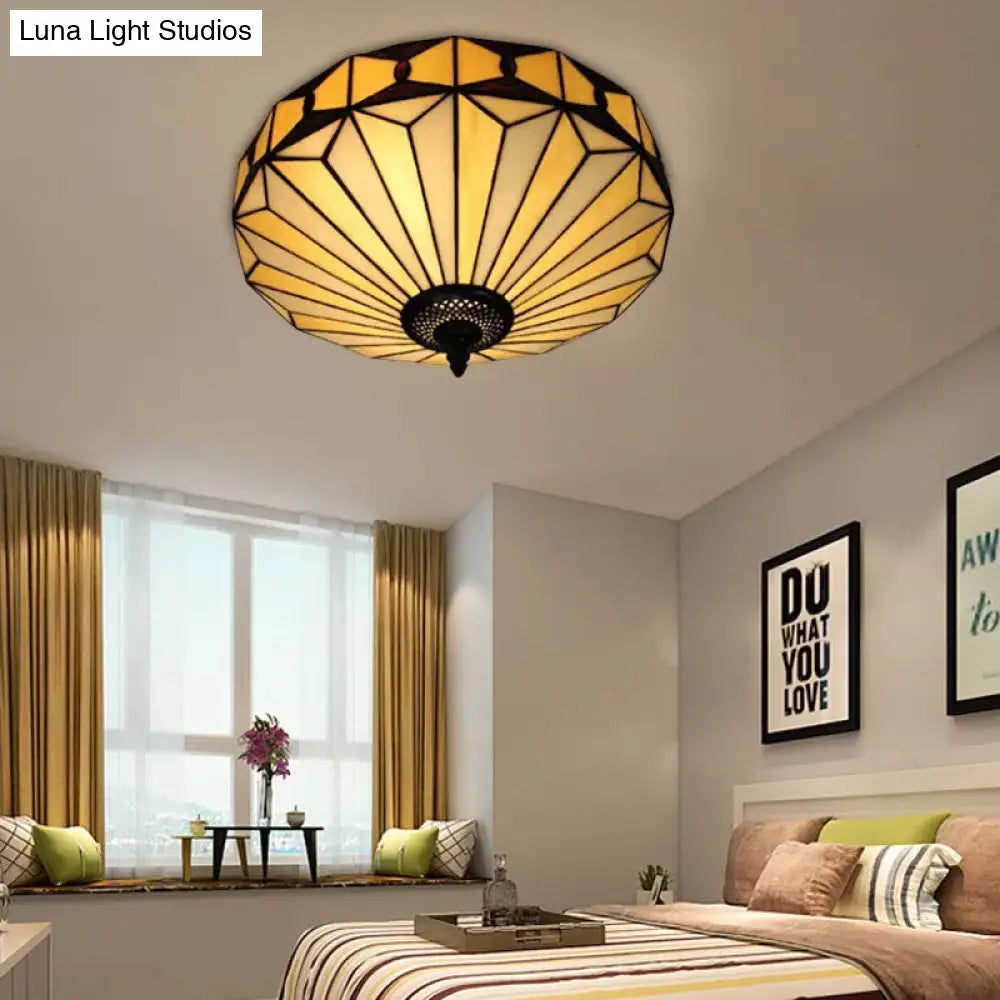 ديكوربايتس™ مصباح سقف من الزجاج الملون بتصميم هندسي لغرفة النوم - تركيب مدمج بضوءين، طراز ميشن - ارتفاع 8.5 بوصة × عمق 16 بوصة